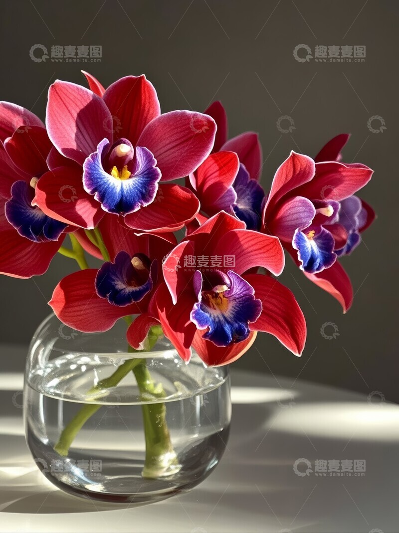 高清大图下载【趣麦麦图】红色大花惠兰兰花在透明花瓶中静置