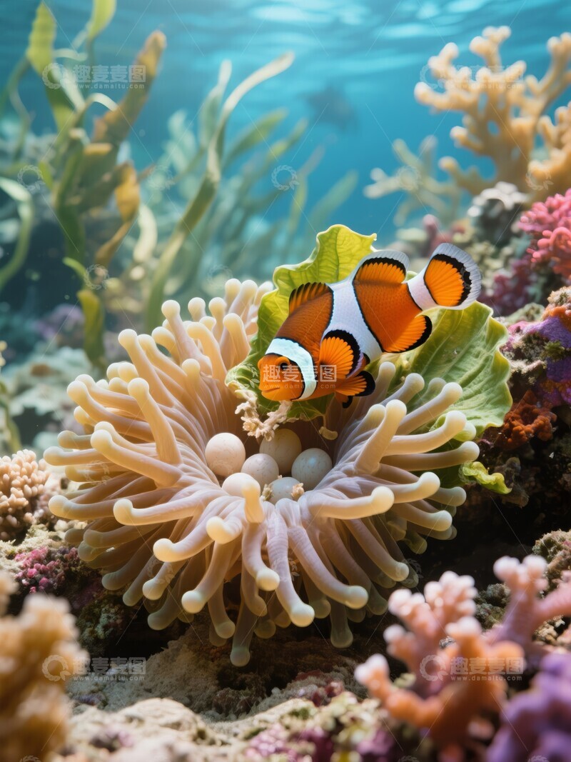 高清大图下载【趣麦麦图】小丑鱼在海葵中嬉戏游动