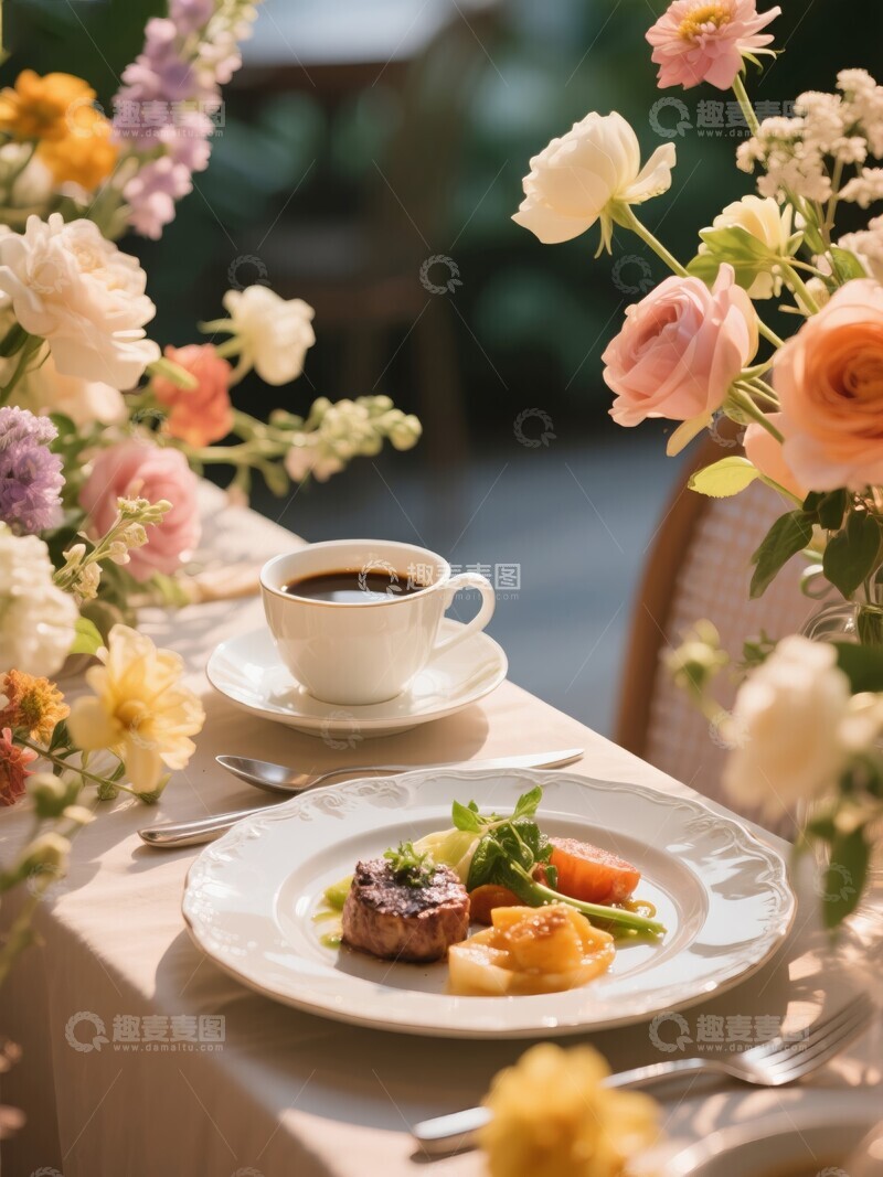 高清大图下载【趣麦麦图】精致餐桌布置，美食与花艺相映成趣