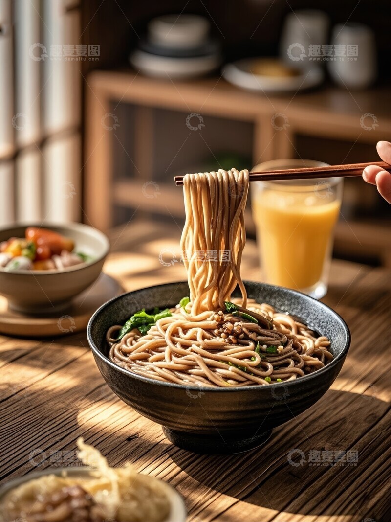 高清大图下载【趣麦麦图】健康荞麦面配各种蔬菜和橙汁