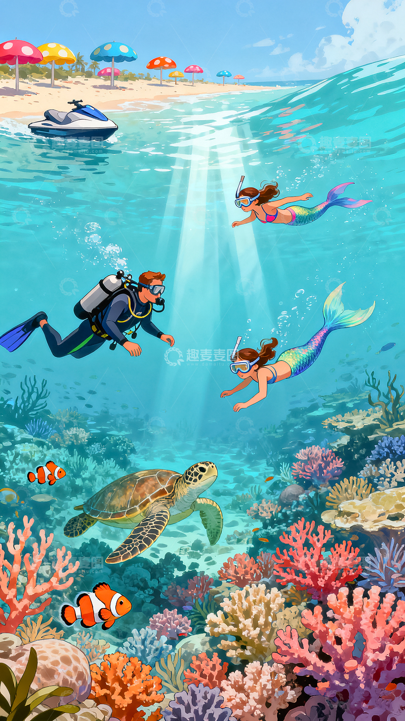 节假日出游旅游插画素材热带海域潜水