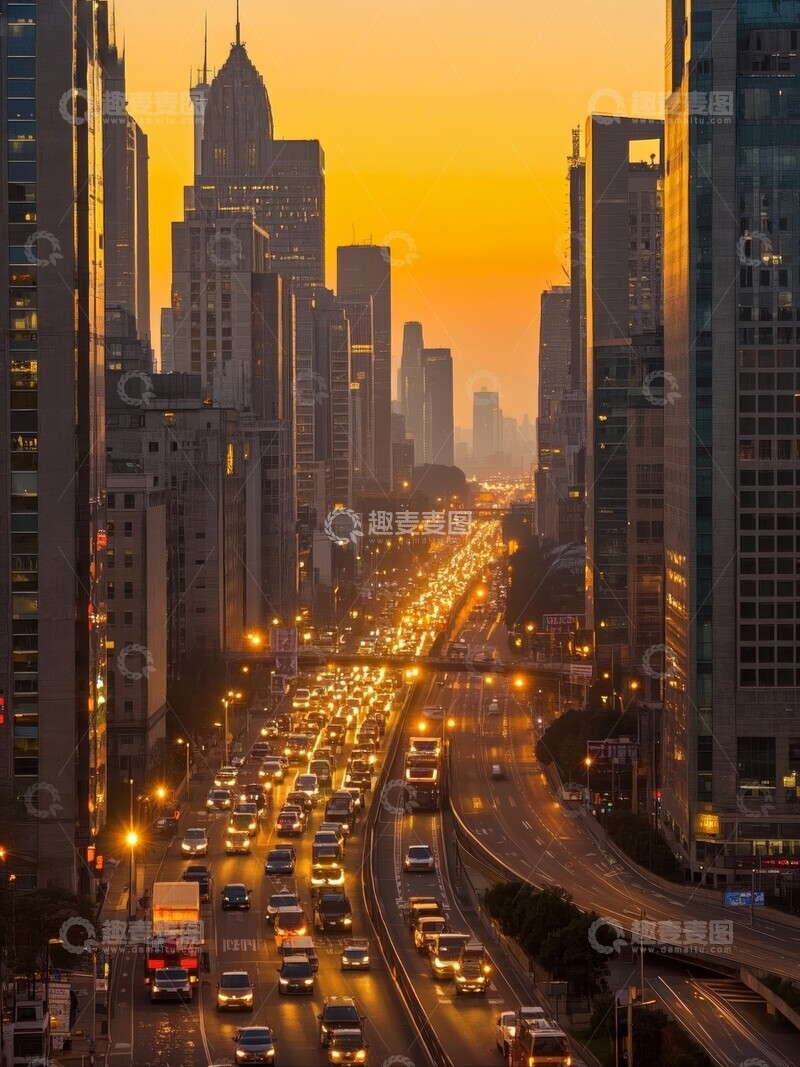 高清大图下载【趣麦麦图】城市黄昏，车流穿梭高楼间