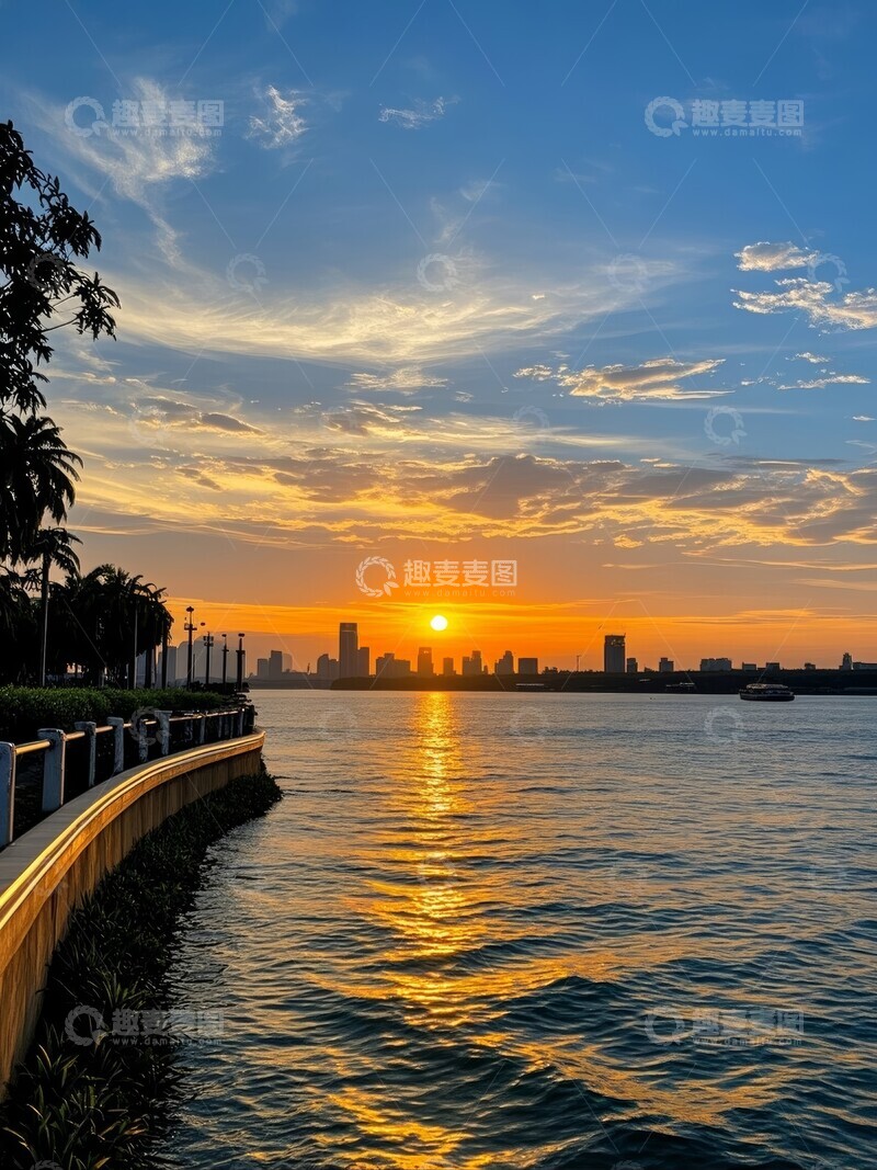 高清大图下载【趣麦麦图】城市江畔夕阳美景