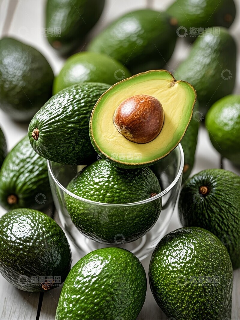 高清大图下载【趣麦麦图】新鲜牛油果堆叠，中间切开展示果肉