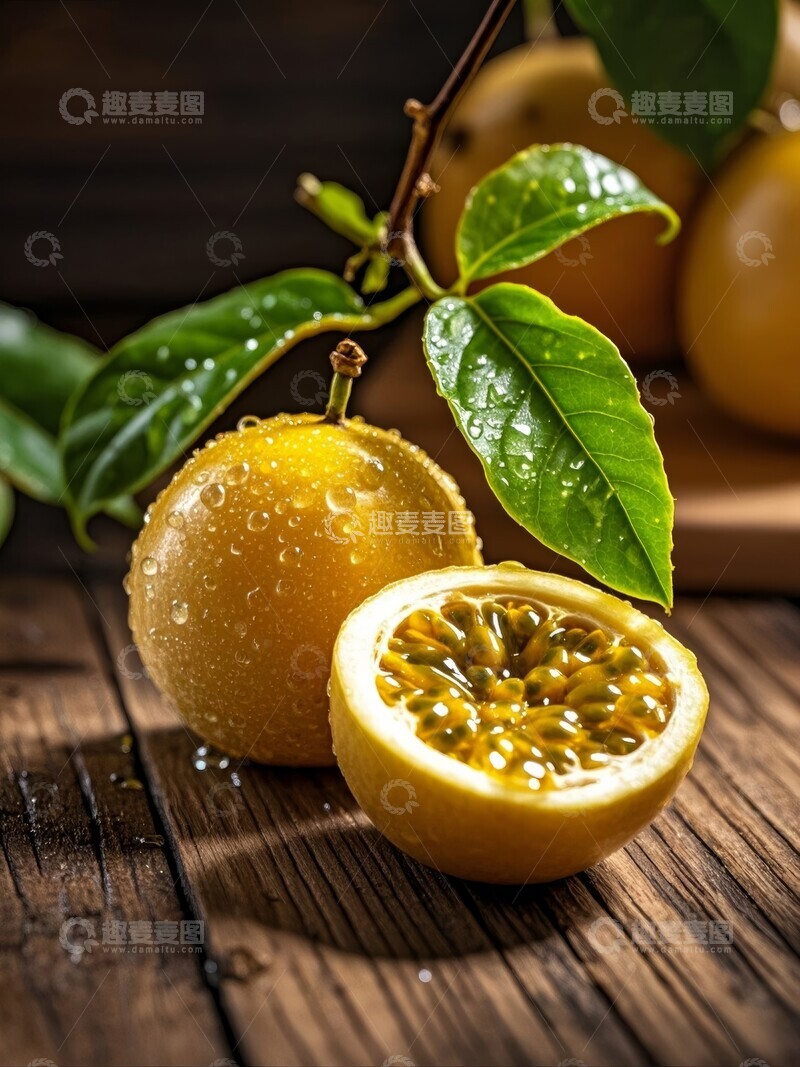 高清大图下载【趣麦麦图】新鲜百香果，一半切开展示内部