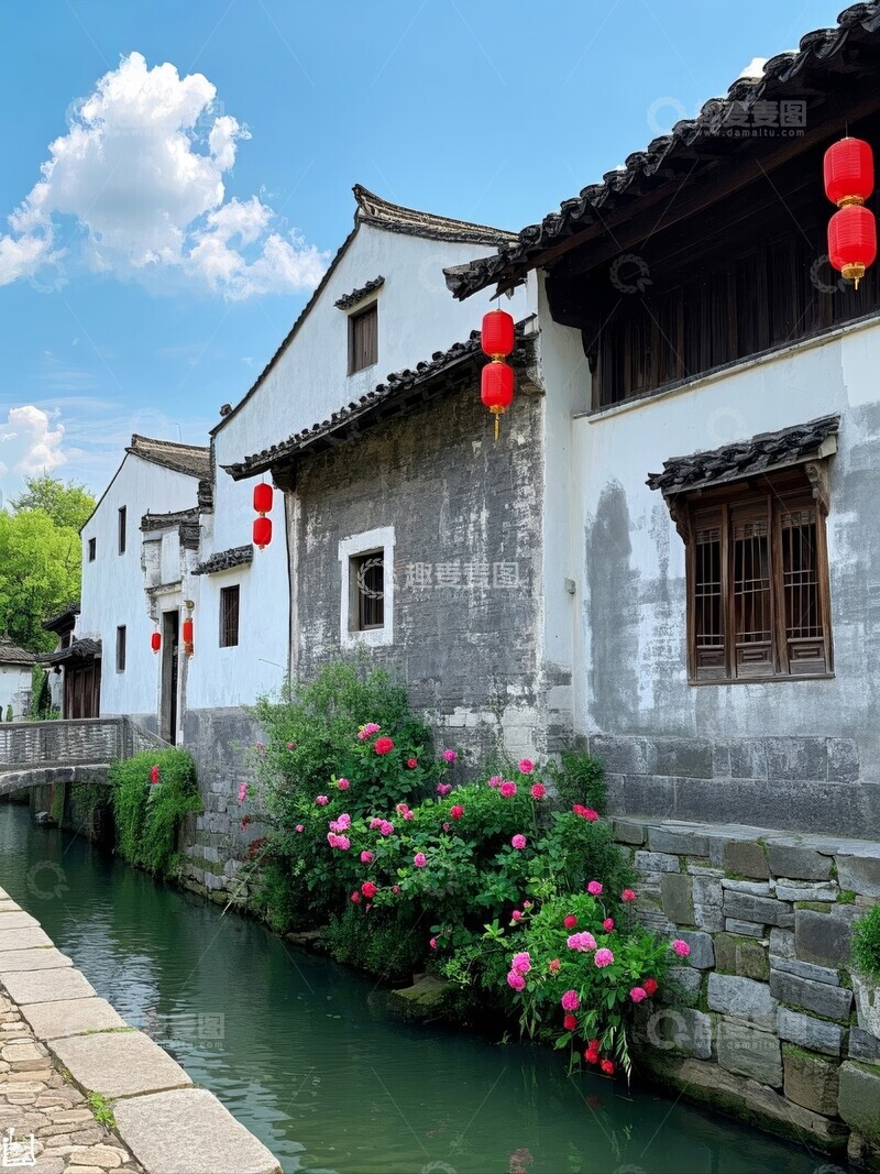 高清大图下载【趣麦麦图】江南水乡古建筑与节日红灯笼
