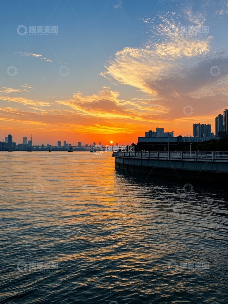 高清大图下载【趣麦麦图】-江畔城市夕阳美景