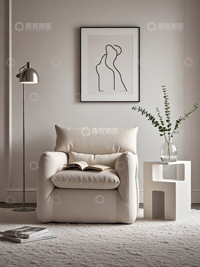 高清大图下载【趣麦麦图】简约客厅一角，米色沙发与装饰画