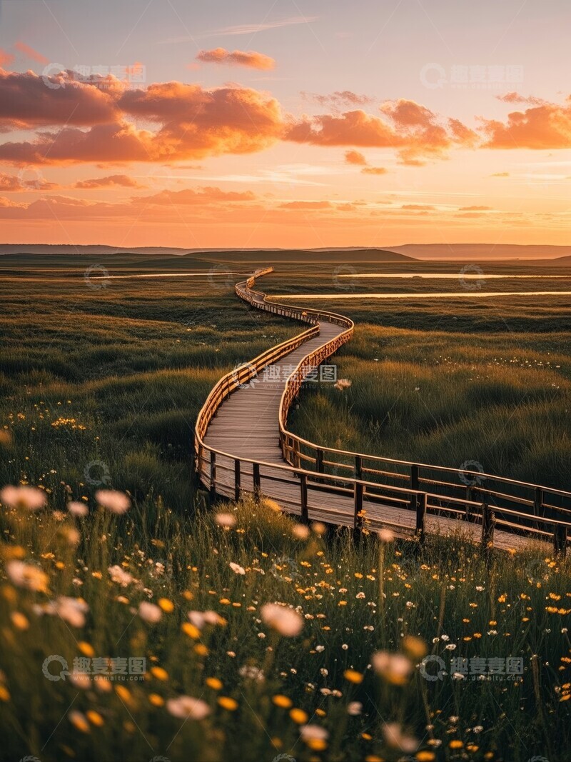 高清大图下载【趣麦麦图】夕阳下的木栈道与花海