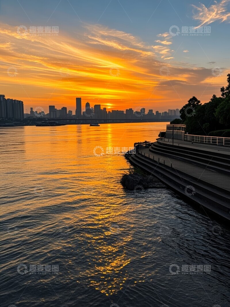 高清大图下载【趣麦麦图】江畔城市夕阳日落美景