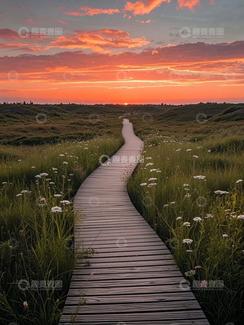 高清大图下载【趣麦麦图】夕阳下的木板小径