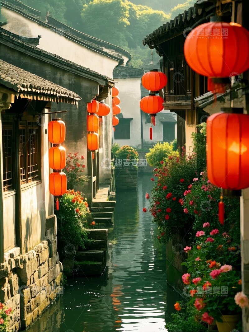 高清大图下载【趣麦麦图】节日古镇水乡，红灯笼映衬静谧河道