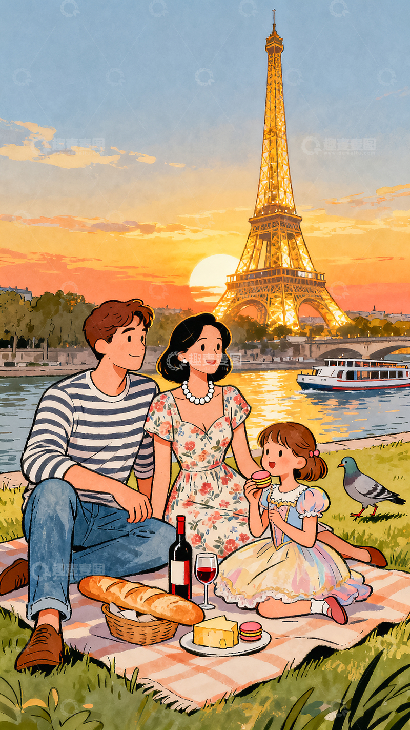 亲子节假日出游旅游插画素材法国巴黎