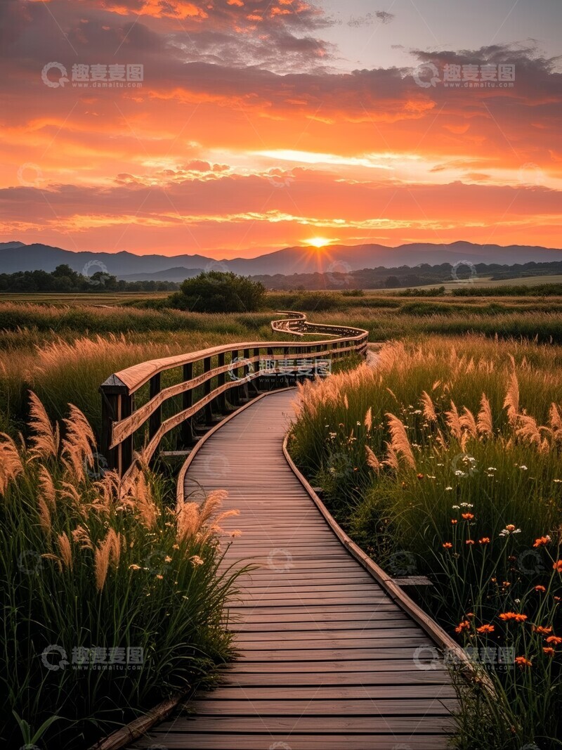 高清大图下载【趣麦麦图】夕阳下的湿地栈道