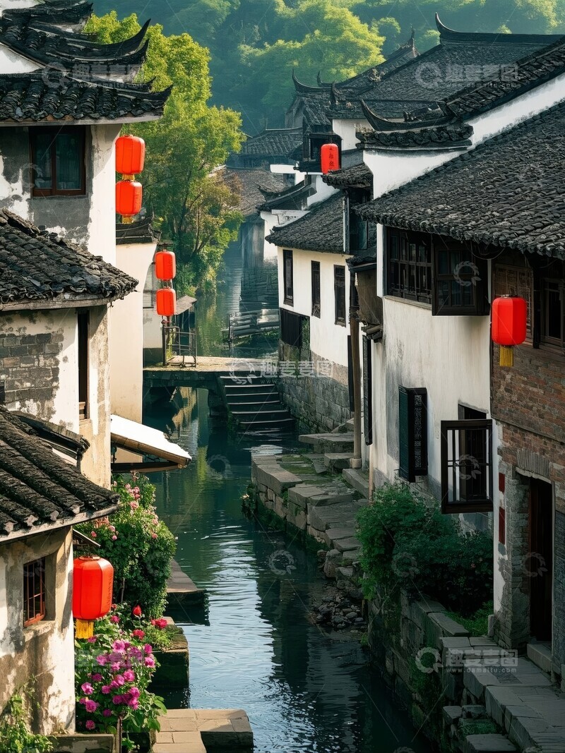 高清大图下载【趣麦麦图】古镇水乡，红灯笼映衬静谧河道