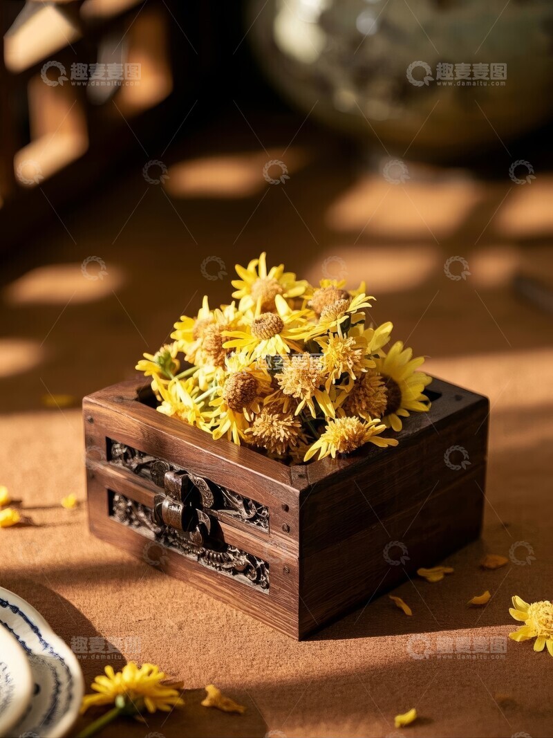 高清大图下载【趣麦麦图】木盒中的黄色干菊花