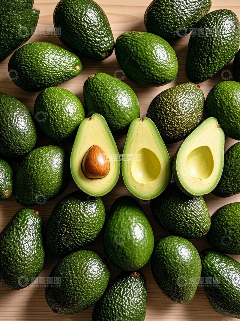 高清大图下载【趣麦麦图】新鲜牛油果在桌上，切开展示果核
