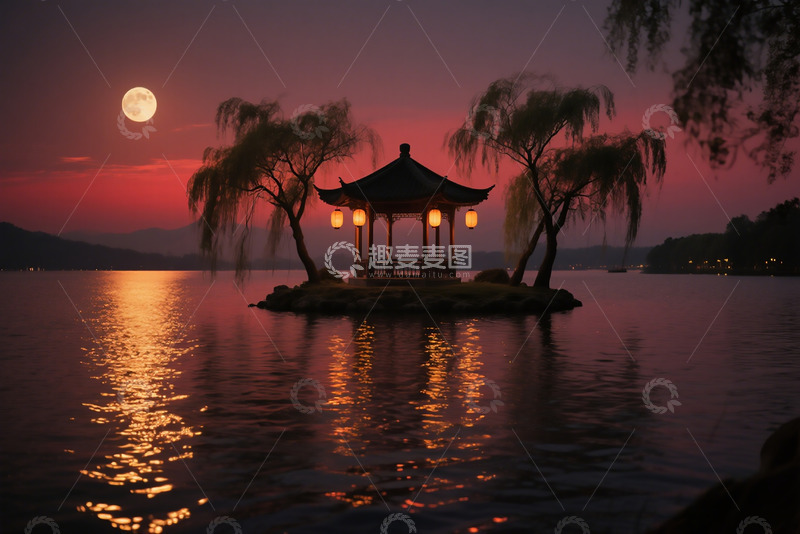 高清大图下载【趣麦麦图】中秋夜晚湖心小亭