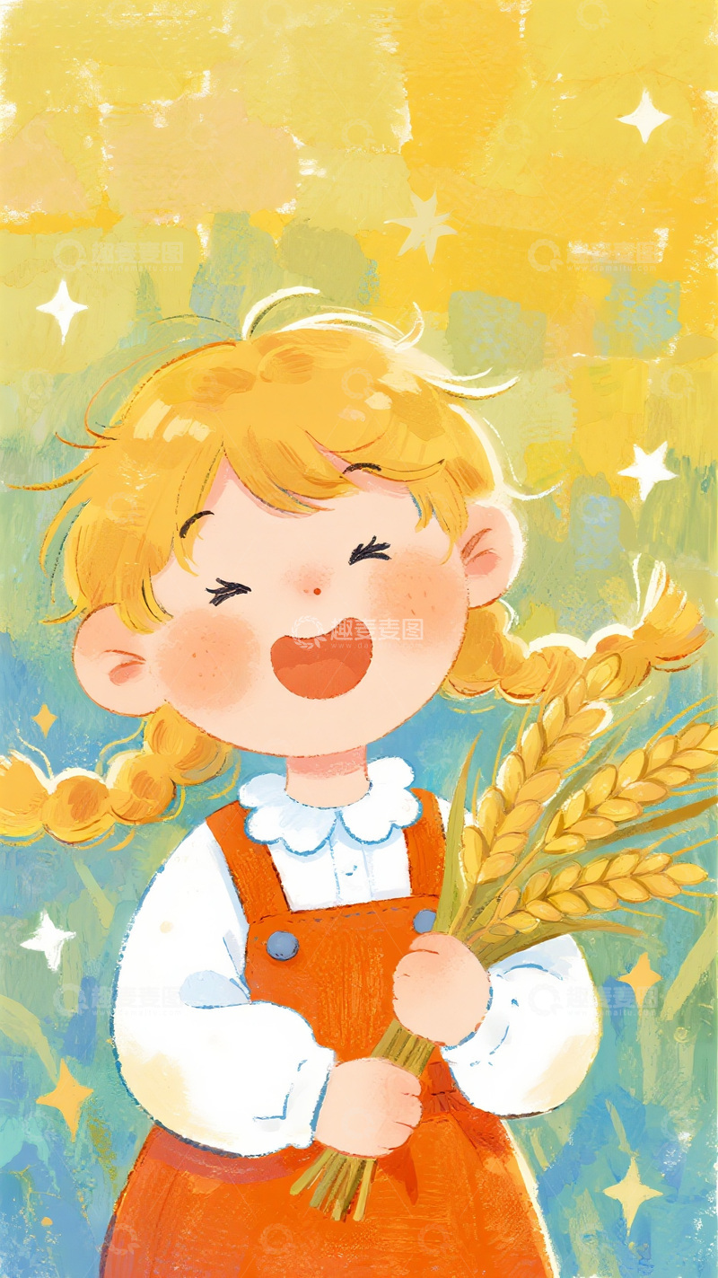 高清大图下载【趣麦麦图】手持麦穗的女孩欢乐插画