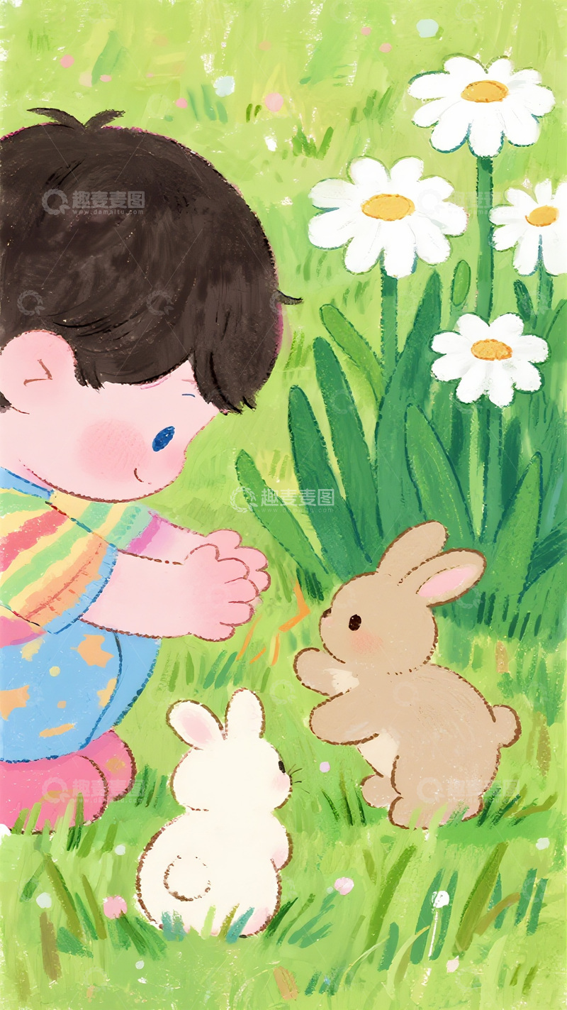 高清大图下载【趣麦麦图】男孩与兔子的草地互动