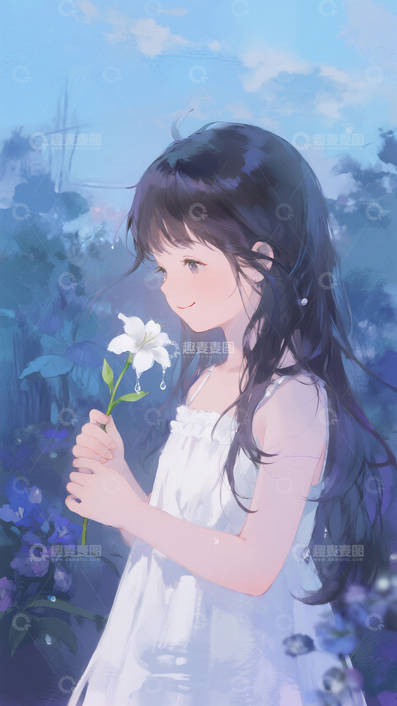 高清大图下载【趣麦麦图】手持白花的女孩唯美插画