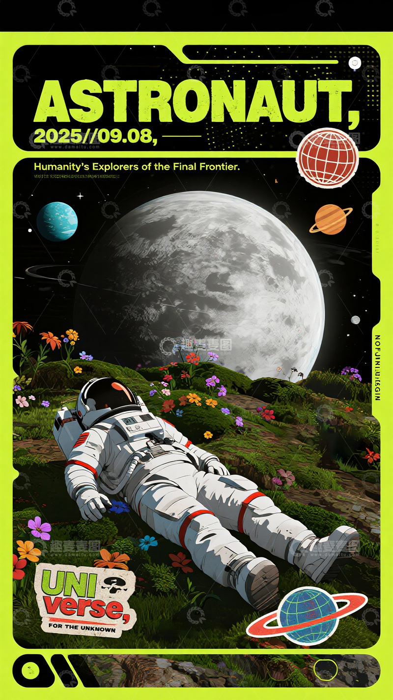 高清大图下载【趣麦麦图】宇航员与月球花田海报