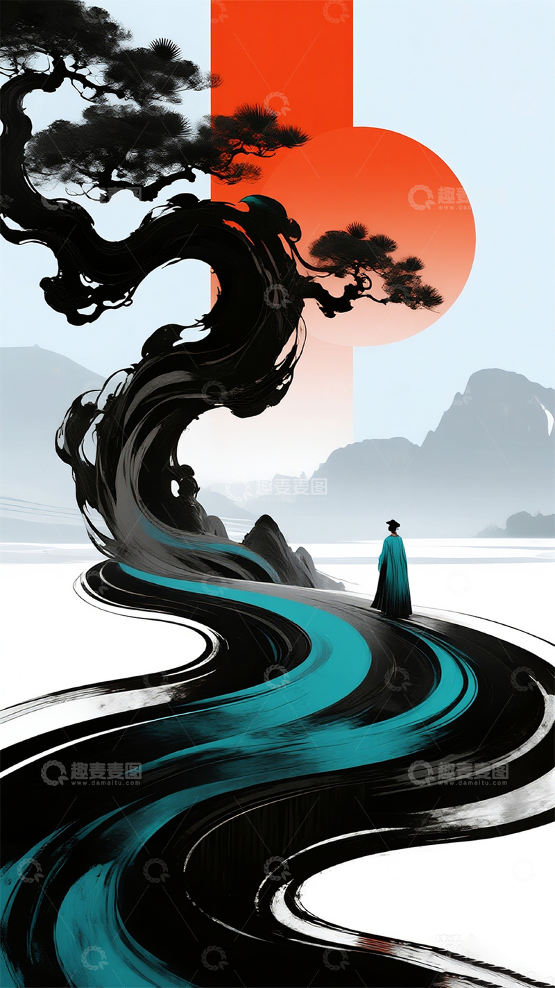 高清大图下载【趣麦麦图】-新中式抽象条纹松柏