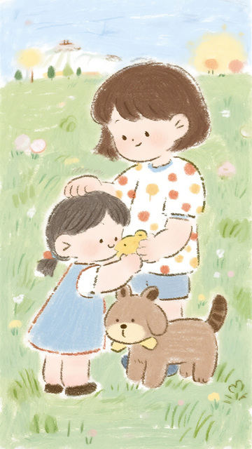 草地母女与小狗温馨插画