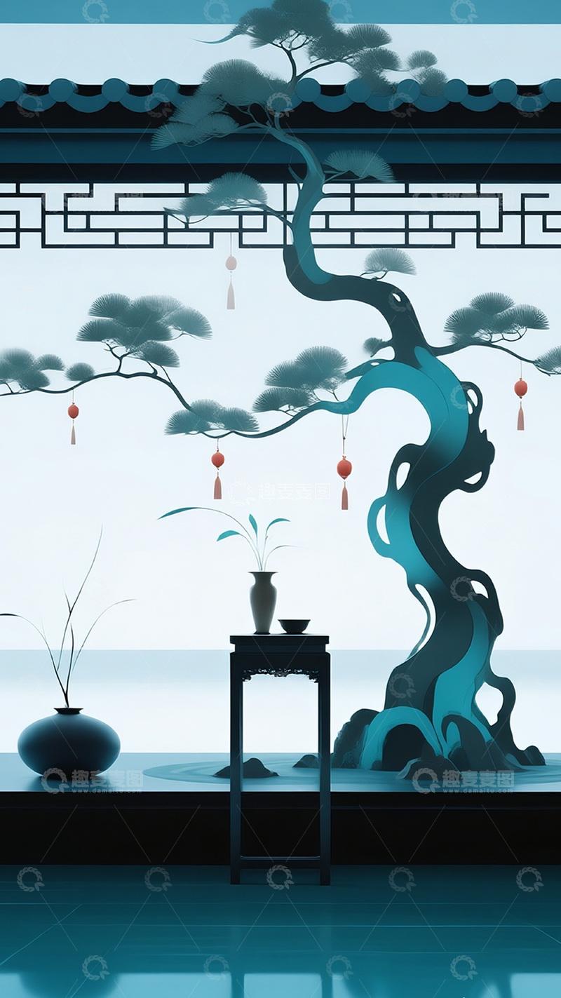 高清大图下载【趣麦麦图】新国风水墨松树庭院