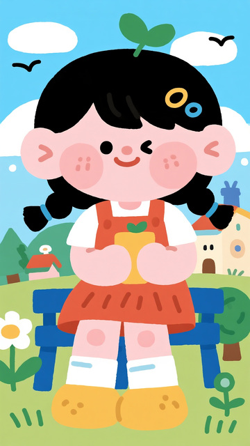 公园长椅上的可爱女孩插画