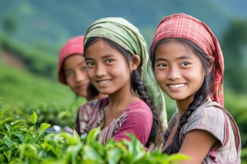 茶田里采茶的女孩