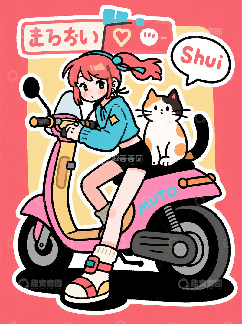 高清大图下载【趣麦麦图】女孩与猫的粉色摩托出行插画