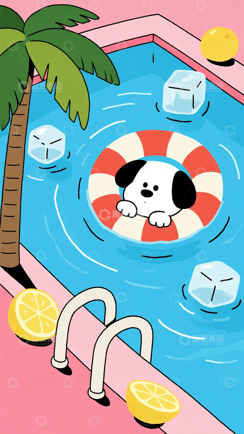 高清大图下载【趣麦麦图】泳池里的可爱小狗夏日插画