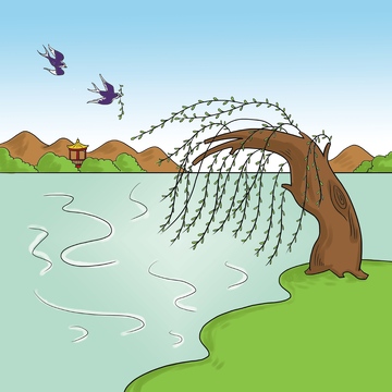 湖畔垂柳飞鸟春日图景