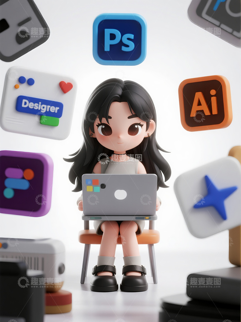 高清大图下载【趣麦麦图】创意设计软件环绕的卡通女孩