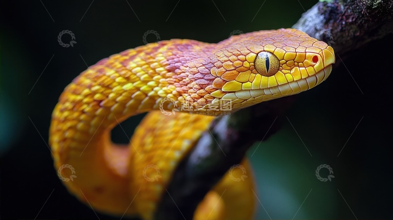 缠绕在树枝上的一条黄色的蛇