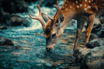湖边喝水的一只梅花鹿