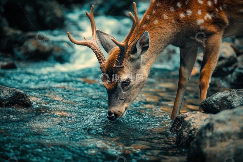 湖边喝水的一只梅花鹿