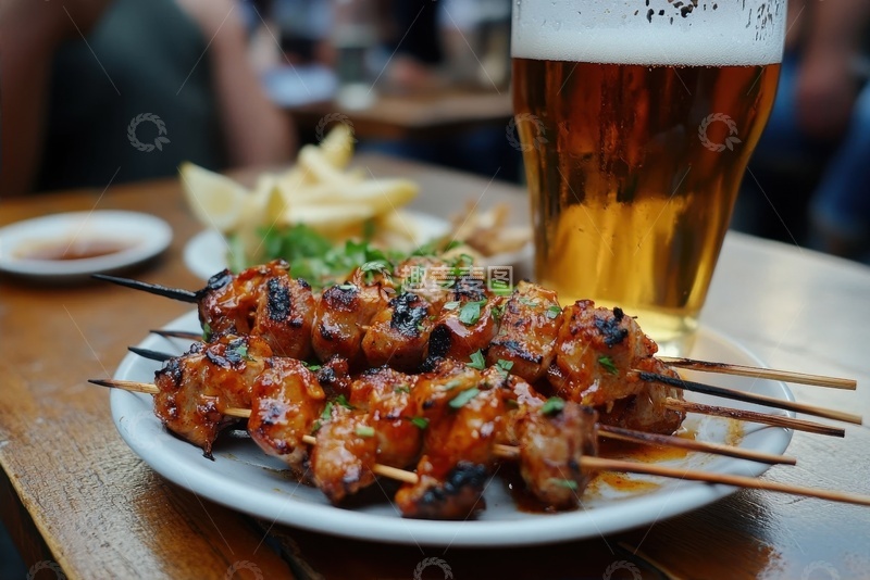 高清大图下载【趣麦麦图】一盘烤肉串啤酒美食
