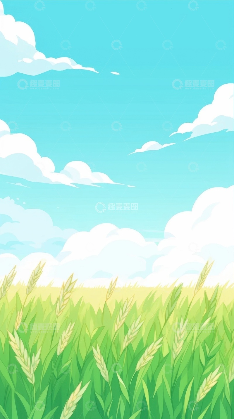 卡通青色的麦田自然美景