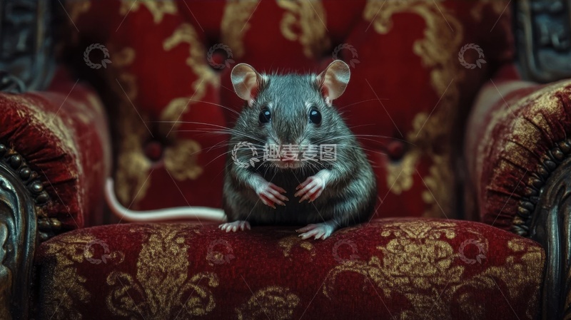 高清大图下载【趣麦麦图】坐在红色沙发上的一只老鼠