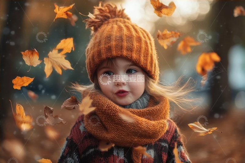 高清大图下载【趣麦麦图】秋季站在纷飞树叶中的小女孩