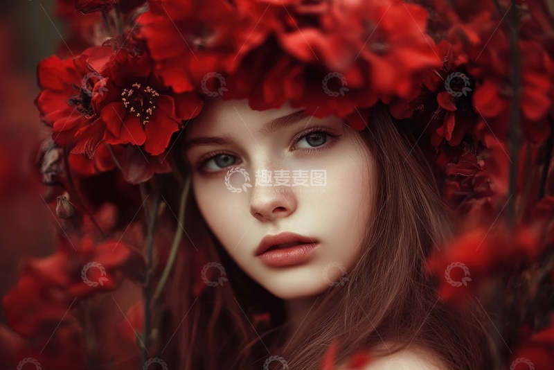 高清大图下载【趣麦麦图】带着大红色花朵的模特