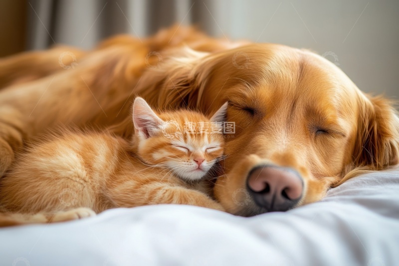 高清大图下载【趣麦麦图】睡觉的小金毛和小猫咪
