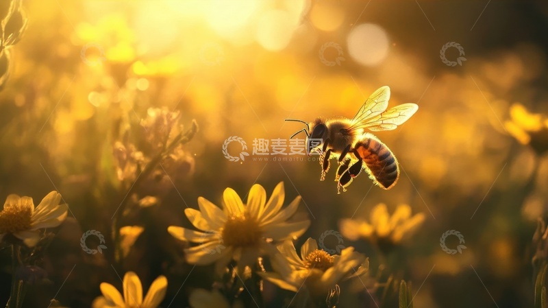 高清大图下载【趣麦麦图】斑驳光线下的花田蜜蜂