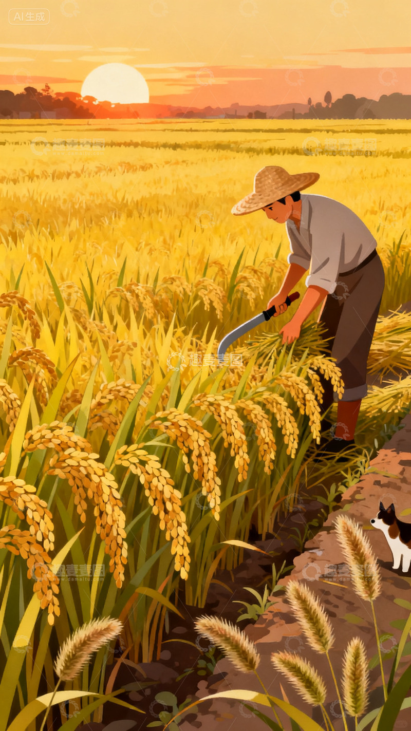 高清大图下载【趣麦麦图】手绘农民稻田农田收割秋收秋天插画素材