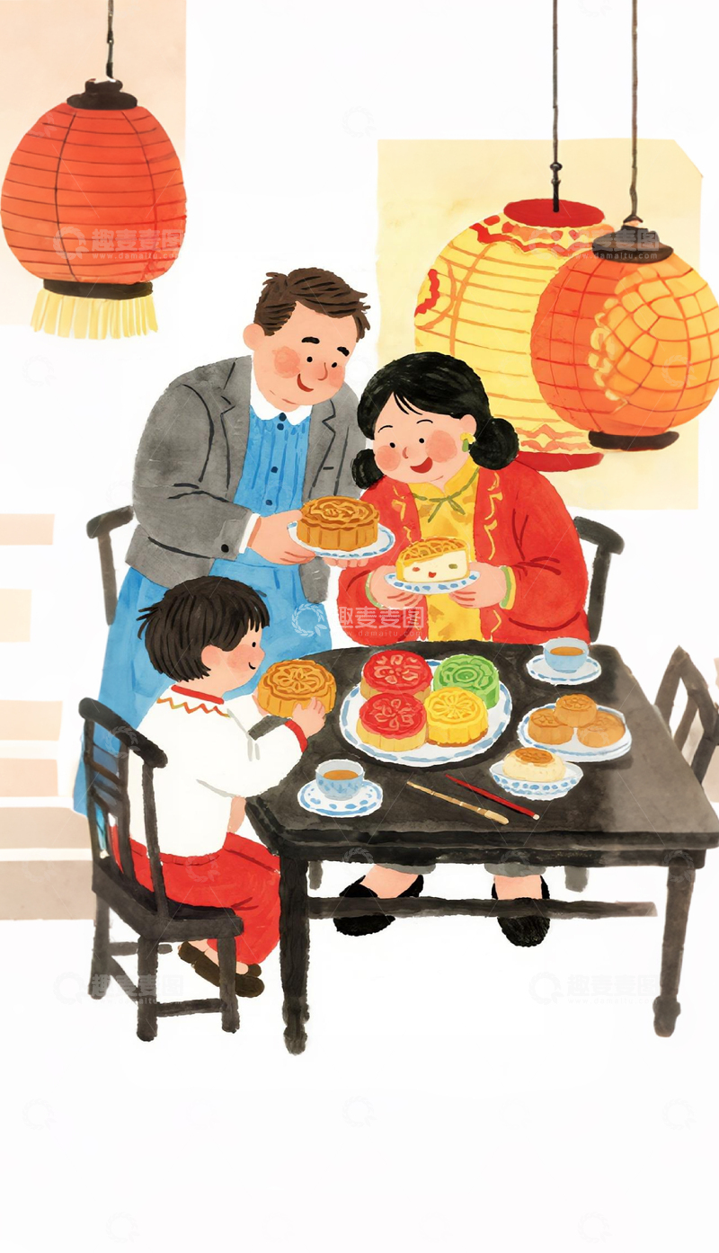 高清大图下载【趣麦麦图】中秋节一家人吃月饼