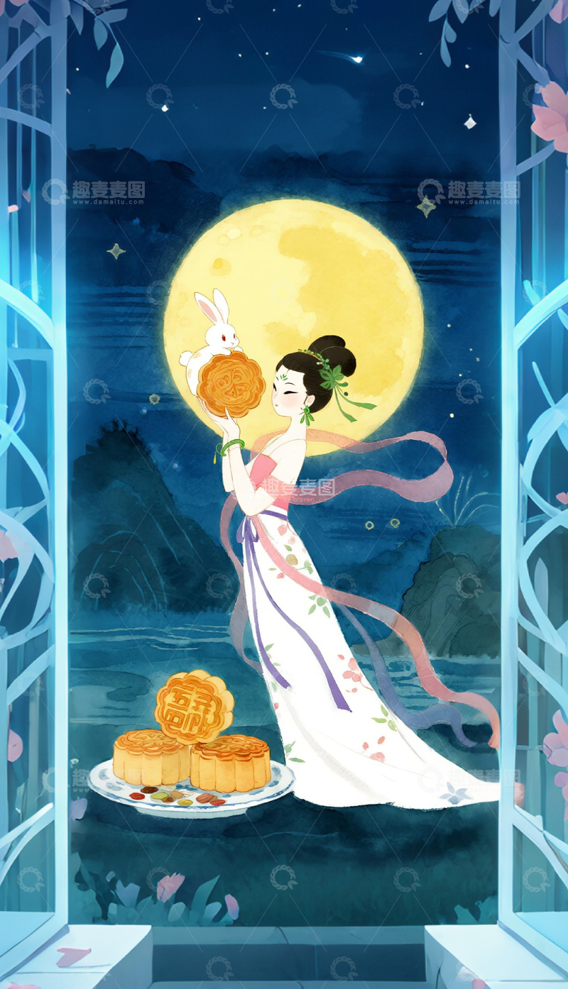 高清大图下载【趣麦麦图】中秋节嫦娥月亮背景