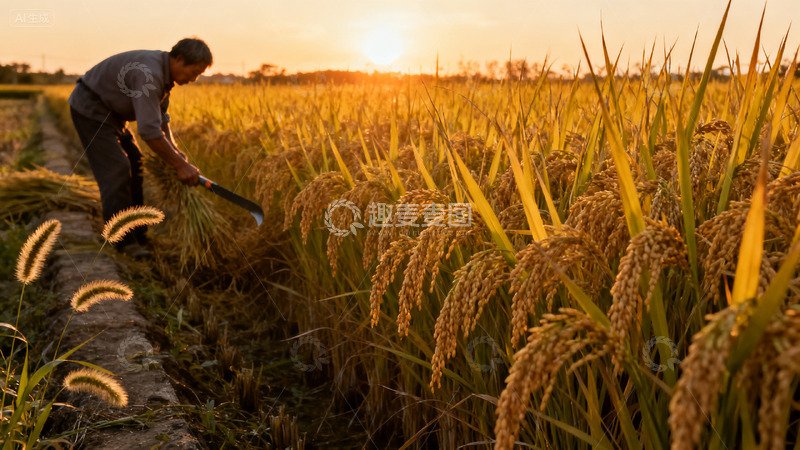 高清大图下载【趣麦麦图】农民庄稼人稻田农田劳作夕阳秋天商业照片