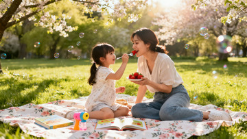 妈妈女孩儿童草地野餐吃草莓人像照片